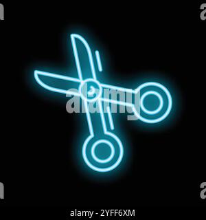 Segno al neon di forbici aperte con lame incrociate, blu brillante su sfondo nero Illustrazione Vettoriale