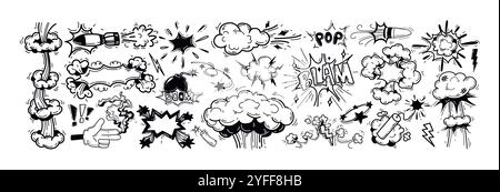 Doodle ha disegnato a mano le esplosioni con effetto fumo di impatto del braccio. Esplode la nuvola di funghi di fuoco dei fumetti, suono di bomba atomica con arma nucleare, proiettile, icona dinamite. Bollicine con parole pop, blam, Illustrazione Vettoriale