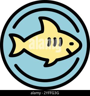 Squalo giallo con contorni neri che nuotano pacificamente in acqua blu all'interno di un'icona rotonda con un tratto nero Illustrazione Vettoriale