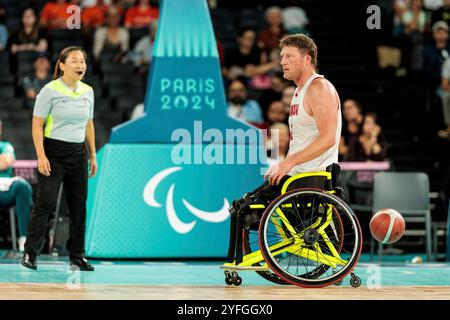 PARIGI, FRANKREICH 03. Settembre - Rollstuhlbasketball Viertelfinale Niederlande - Kanada Herren, Parigi 2024 Paralimpiadi AM 03.09.2024 nella der Bercy Arena di Parigi Frankreich. Patrick Anderson (Kanada, 12 anni) Foto Stock