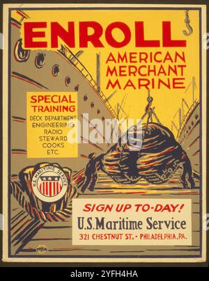 Iscriviti, American Merchant Marine. Servizio marittimo DEGLI STATI UNITI. Archivio DPA American Wartime poster, seconda guerra mondiale, circa anni '1940 Foto Stock