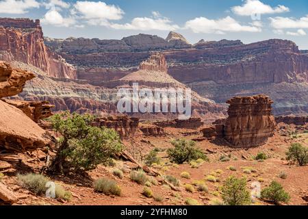 Vista panoramica delle rocce di arenaria rossa dal Sunset Point nel Capitol Reef National Park Foto Stock