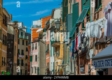 Scena di strada con case lungo la via Roma nel paese di Vernazza, cinque Terre, provincia di la Spezia, parte della regione Liguria, nord i Foto Stock