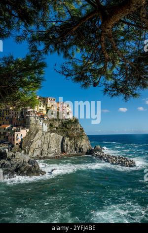 Vista delle case colorate di Manarola, costruite su un'alta roccia a 70 metri sul livello del mare, cinque Terre, provincia di la Spezia, parte della regione di L. Foto Stock