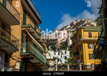 Scena di strada con case colorate di Manarola, cinque Terre, provincia di la Spezia, parte della regione Liguria, Italia settentrionale. Foto Stock