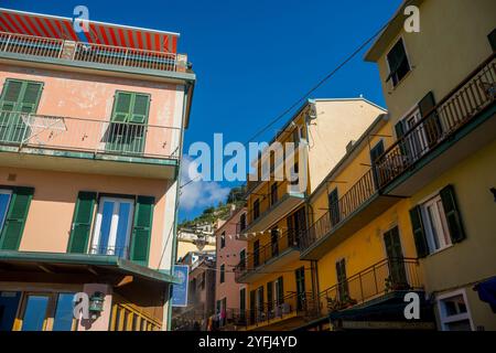 Scena di strada con case colorate di Manarola, cinque Terre, provincia di la Spezia, parte della regione Liguria, Italia settentrionale. Foto Stock