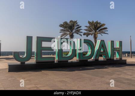 Scrivi JEDDAH sul lungomare di Corniche a Jeddah, Arabia Saudita Foto Stock