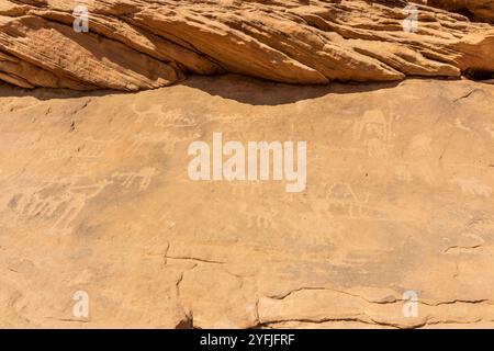 Arte rupestre (petroglifi) a Jubbah, Arabia Saudita Foto Stock