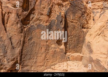 Arte rupestre (petroglifi) a Jubbah, Arabia Saudita Foto Stock