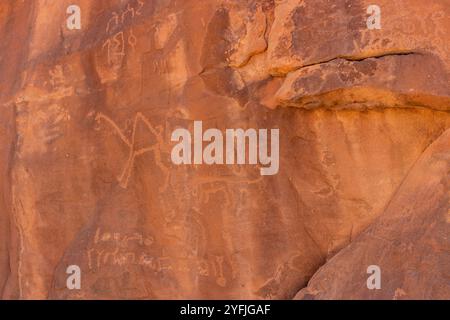 Arte rupestre (petroglifi) a Jubbah, Arabia Saudita Foto Stock