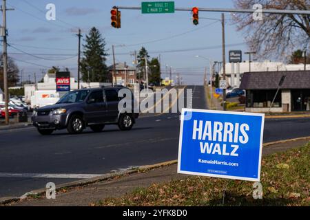 Un cartello della campagna Harris-Walz si trova il 4 novembre 2024, su Emmaus Avenue a Emmaus, Pennsylvania. Foto Stock