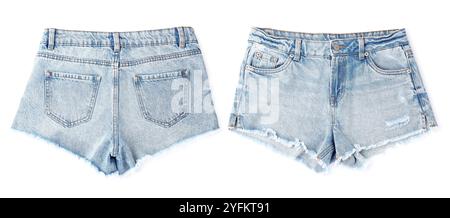 Pantaloncini Jean isolati sul bianco, sul retro e sul davanti Foto Stock