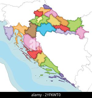 Vettoriale ha illustrato la mappa regionale vuota della Croazia con contee, capitale e divisioni amministrative, nonché paesi e territori vicini. Illustrazione Vettoriale