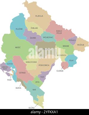 Mappa regionale vettoriale del Montenegro con comuni o territori e divisioni amministrative. Livelli modificabili ed etichettati in modo chiaro. Illustrazione Vettoriale