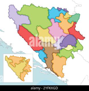 Vettoriale ha illustrato una mappa vuota della Bosnia-Erzegovina con entità, cantoni, regioni e divisioni amministrative, paesi vicini e te Illustrazione Vettoriale