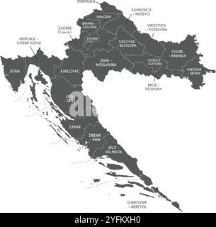 Mappa regionale vettoriale della Croazia con contee, capitale e divisioni amministrative. Livelli modificabili ed etichettati in modo chiaro. Illustrazione Vettoriale