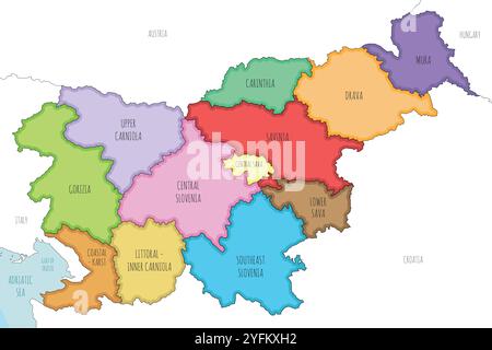 Mappa vettoriale illustrata della Slovenia con regioni statistiche e divisioni amministrative e paesi e territori confinanti. Modificabile e cle Illustrazione Vettoriale