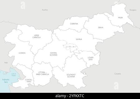 Mappa vettoriale della Slovenia con regioni statistiche e divisioni amministrative e paesi e territori limitrofi. Modificabile ed etichettato in modo chiaro Illustrazione Vettoriale