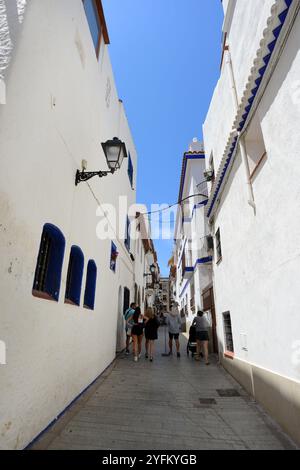 Bellissimi edifici bianchi con porte e persiane blu lungo Carrer de la Davallada a Sitges, Catalogna, Spagna. Foto Stock