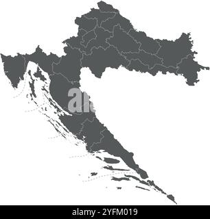 Mappa vettoriale regionale vuota della Croazia con contee, capitale e divisioni amministrative. Livelli modificabili ed etichettati in modo chiaro. Illustrazione Vettoriale