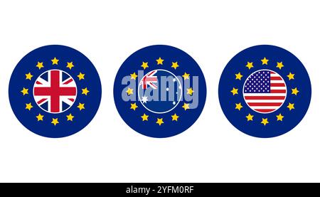 Bandiere del Regno Unito, dell'Australia e degli Stati Uniti su sfondo europeo Illustrazione Vettoriale