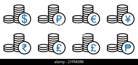 Raccolta di pile di monete stilizzate che rappresentano varie valute globali, tra cui dollaro euro sterlina sterlina, rupia indiana. Illustrazione Vettoriale