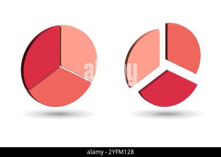 Icona del grafico a torta cerchio di rendering 3d diviso. I grafici a torta 3D in corallo e il confronto dei dati in rosso evidenziano. Illustrazione Vettoriale