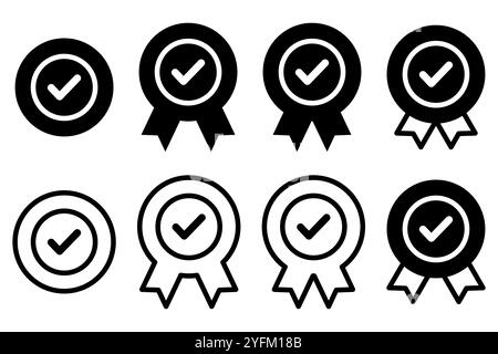 Collezione di badge e nastri con segno di spunta stilizzati che rappresentano le icone di approvazione e verifica del controllo qualità in un design pulito in bianco e nero. Illustrazione Vettoriale
