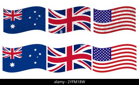 Bandiere di Australia, Regno Unito e Stati Uniti, in formato Graphic Design. Illustrazione Vettoriale