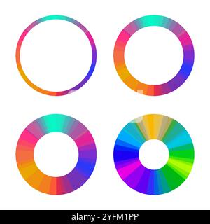 Quattro coloratissimi disegni a gradiente circolare con uno spettro di tonalità vivaci disposti in anelli concentrici e ruote segmentate su sfondo bianco Illustrazione Vettoriale