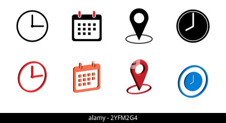 Set di icone di ora, data e posizione: Orologio, calendario e vettore pin mappa. Illustrazione Vettoriale