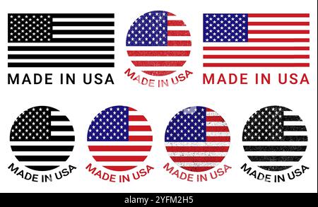Etichetta Made in USA con illustrazione vettoriale dell'icona della bandiera americana. Simbolo della bandiera americana. Illustrazione Vettoriale