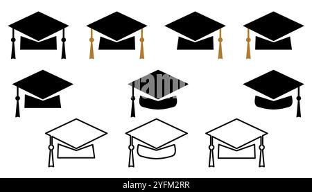 L'icona del cappello di laurea imposta il profilo del cappello da studente di stile diverso e il cappello accademico pieno. Illustrazione Vettoriale
