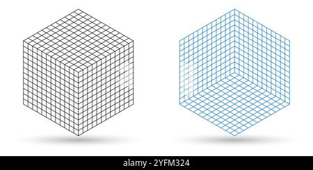 Cubi isometrici a reticolo affiancati uno in bianco e nero. Illustrazione Vettoriale