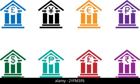 Icone bancarie colorate che rappresentano le valute globali. Illustrazione Vettoriale