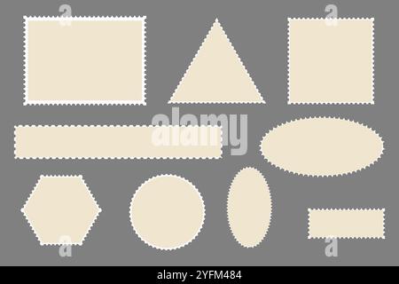 Set vettoriale di forme di timbri di affrancatura vuoti in varie geometrie. Illustrazione Vettoriale