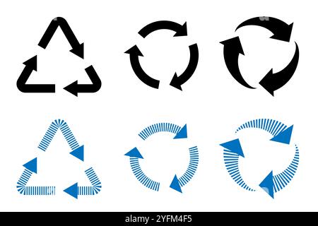 Simboli di riciclaggio nelle varianti nero e blu. Illustrazione Vettoriale