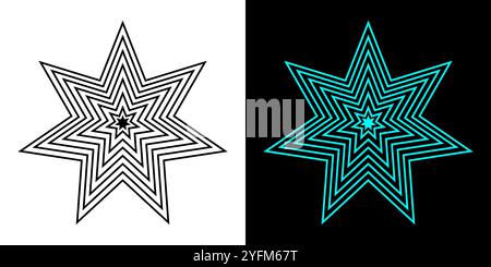 Una grafica sorprendente di un complesso design a stella, con linee a strati e più stelle più piccole all'interno di una forma a stella più grande. Illustrazione Vettoriale