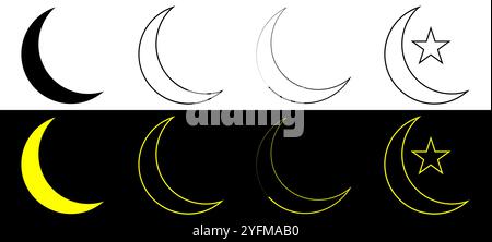 Vari design Crescent Moon e Star in diversi colori e stili di linea. Illustrazione Vettoriale