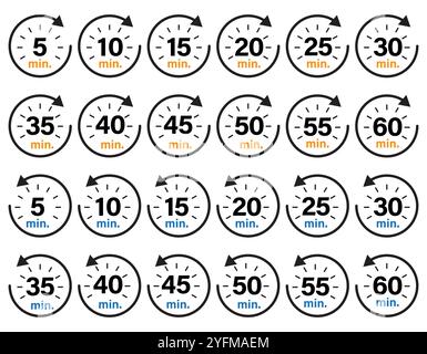 Set di icone Timer che visualizzano gli intervalli di tempo in minuti. Illustrazione Vettoriale