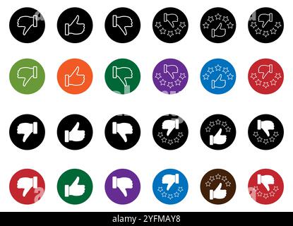 Una raccolta di diverse icone di valutazione, che combinano i pollici verso l'alto e verso il basso con le valutazioni a stelle. Illustrazione Vettoriale