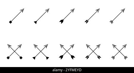 Armi a freccia, frecce nella collezione di icone a croce. Illustrazione Vettoriale