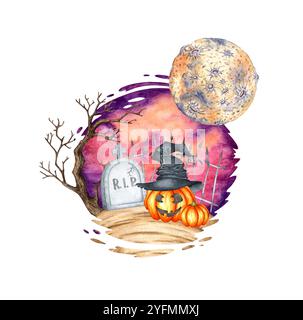 Lapide grigia su una collina, con un albero, una recinzione, una luna e una zucca di Halloween sullo sfondo illustrazione ad acquerello. Pietra funeraria isolata da Foto Stock