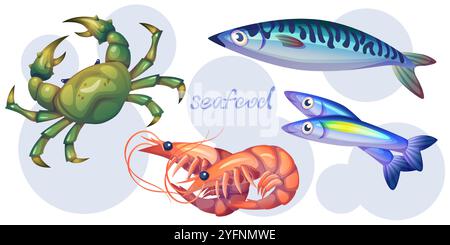 Specialità di pesce isolate su sfondo bianco. Illustrazione vettoriale di granchi, pesce, gamberi, tonno, ingredienti freschi per cucinare piatti gourmet, icone del menu del ristorante, collezione di prodotti del mercato alimentare Illustrazione Vettoriale