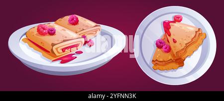 Frittelle servite con lamponi isolati sullo sfondo. Illustrazione vettoriale di teglie fritte sottili arrotolate e piegate con marmellata di bacche dolci sul piatto, vista dall'alto, icone del menu per la colazione al caffè Illustrazione Vettoriale