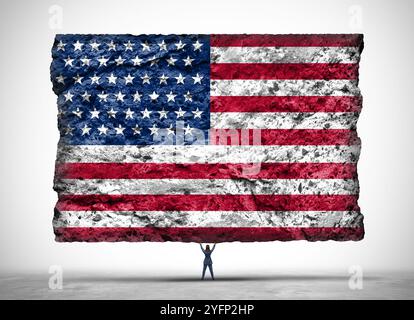 Il potere delle donne americane e l'emancipazione e il coraggio del femminismo degli Stati Uniti come donna statunitense che solleva un oggetto Heavy USA Flag come donna e simbolo femminile di Amer Foto Stock