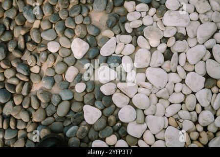 Natural river stones with smooth textures and varied shapes, perfect for landscaping or decorative purposes Foto Stock