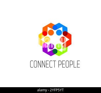 Community o lavoro di squadra collegano le persone con l'icona, l'unione e il simbolo della famiglia. Emblema vettoriale colorato con figure umane stilizzate interconnesse in colori vivaci, rappresentano l'armonia sociale Illustrazione Vettoriale