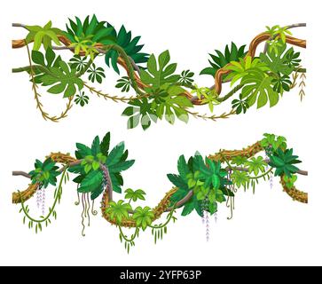 La foresta tropicale della giungla si dirama di liana intrecciata e a cascata con una serie di foglie verdi. Fogliame verde vettoriale cartoni animati spinney, densa flora dell'ecosistema della foresta pluviale con radici e boschetti rampicanti Illustrazione Vettoriale