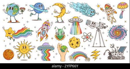 Cartoni animati personaggi spaziali di astronauta psichedelico hippie retrò, alieni, UFO, razzi e pianeti. Personaggio vettoriale trippy d'epoca di Terra, Luna, cometa e stella, Happy Sun e telescopio Illustrazione Vettoriale